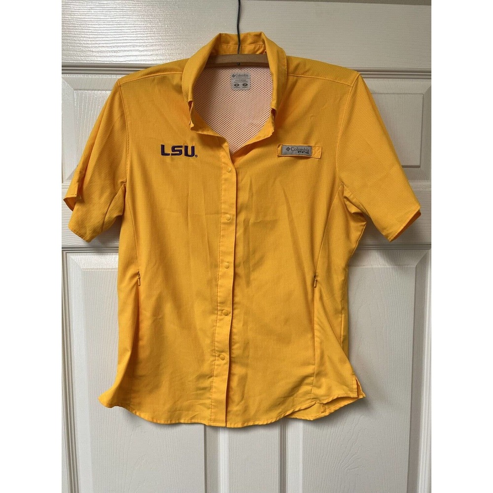 Columbia PFG LSU Button Up Shirt Womens Size S Yellow Short Sleeve LSU Tigers
